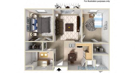Floor plan for 2 beds, 1 bath, 717 sqft